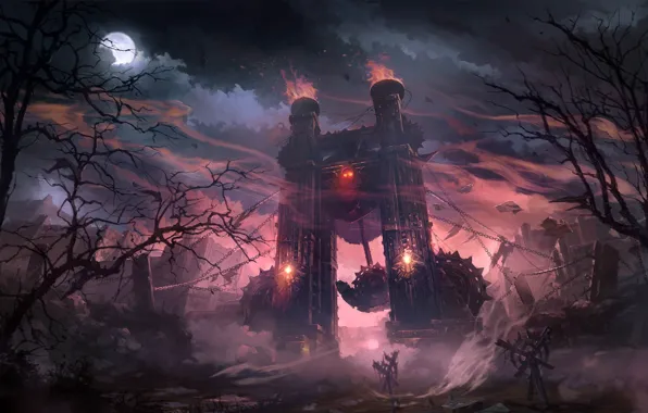 Picture trees, the moon, mechanism, arch, columns, chain, Lineage 2, gloomy, Goddes of Destruction