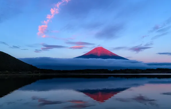 Picture the sky, clouds, lake, reflection, mountain, the evening, Japan, Fuji