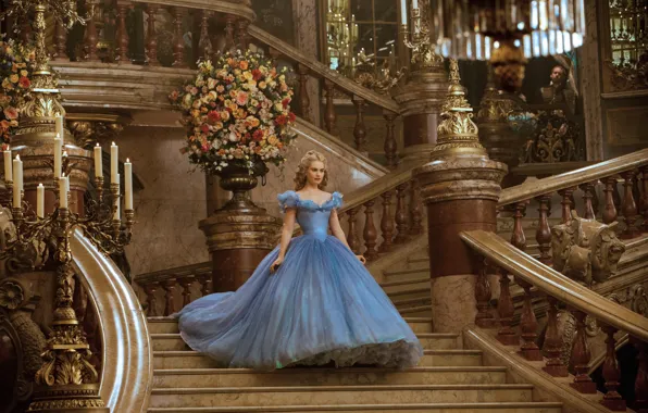 Picture flowers, dress, ladder, hall, Cinderella, Lily James, Lily James