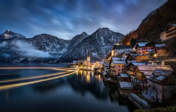 Picture landscape, mountains, night, lake, home, Austria, Alps, Austria, Hallstatt, Alps, Lake Hallstatt, Hallstatt, Lake Hallstatt
