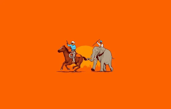 Picture orange, weapons, background, horse, elephant, minimalism, cowboy