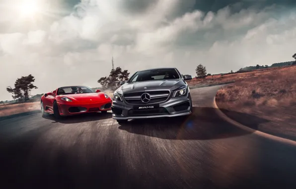 Picture Mercedes-Benz, F430, Ferrari, Red, AMG, Grey, Supercars, Colors, CLA 45, Skid, Drifting