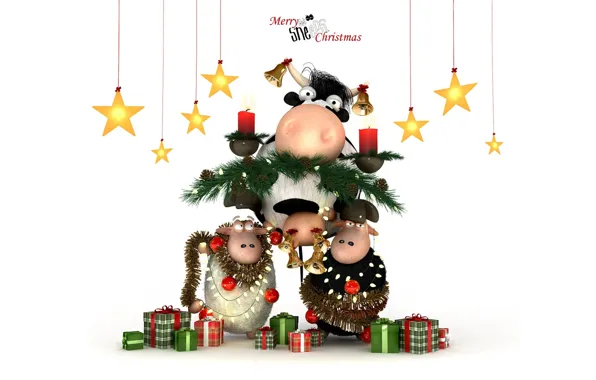 Picture holiday, graphics, sheep, new year, Christmas, cow, stars, candles, gifts, christmas, new year, tinsel