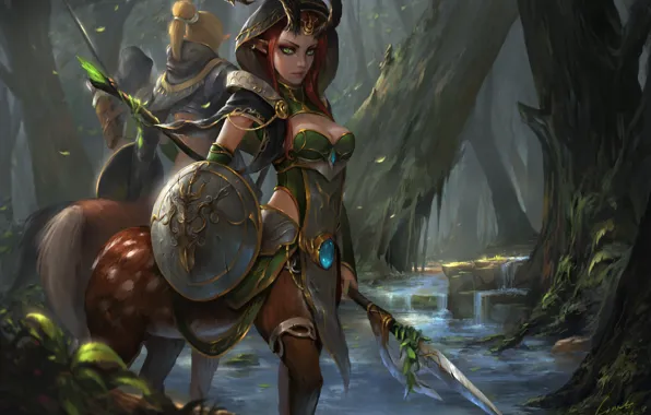 Picture forest, look, girl, trees, weapons, art, shield, fantasy, centaur
