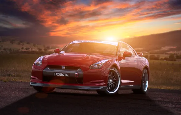 Picture the sun, sunset, red, red, Nissan, GT-R, Blik, Nissan, front, R35