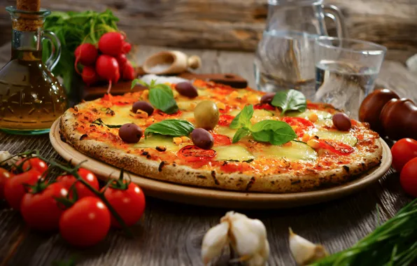 Picture water, oil, food, cheese, vegetables, pizza, tomatoes, olives, dish, garlic, radishes