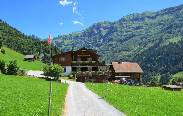 Picture road, greens, forest, summer, grass, the sun, mountains, house, slope, Switzerland