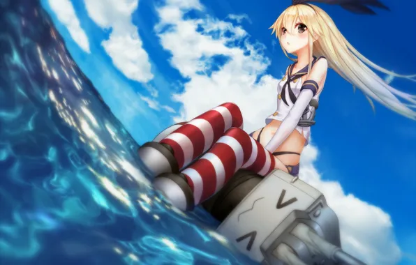 Picture sea, the sky, look, girl, the wind, the game, stockings, art, blonde, girl, game, bow, …