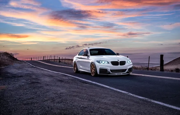 Picture BMW, Car, Front, Sunset, White, Sunrise, Mountains, Road, Wheels, Before, M235i, Garde, San Jose