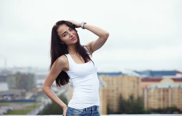 Picture roof, the sky, look, girl, face, hair, hand, Vika