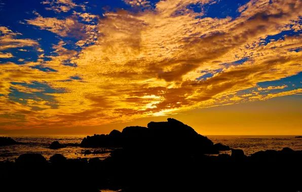 Picture sea, the sky, clouds, sunset, stones, rocks