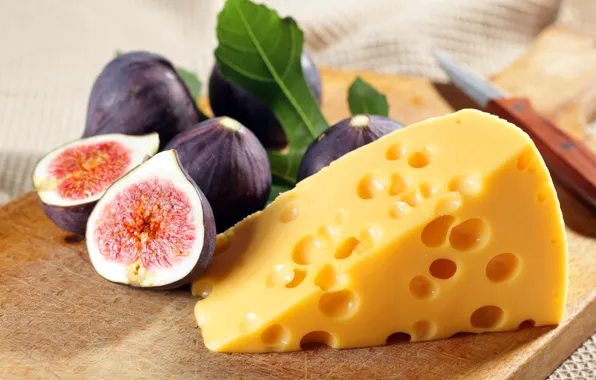 Picture food, cheese, knife, Board, figs, Maasdam
