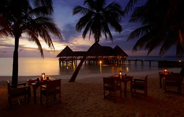 Picture sunset, palm trees, the evening, The Maldives, tables