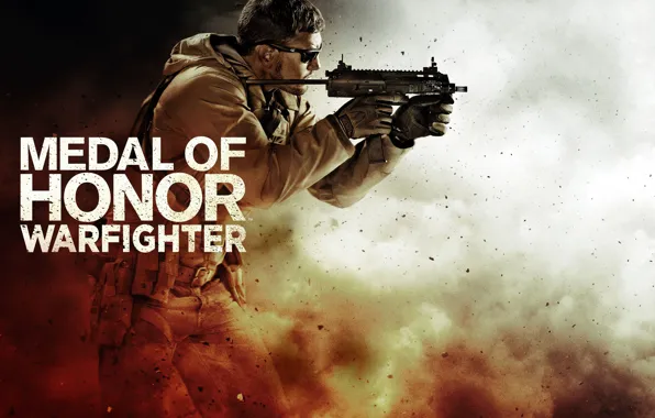 Picture fragments, weapons, smoke, dust, glasses, soldiers, machine, the vest, Medal of Honor: Warfighter