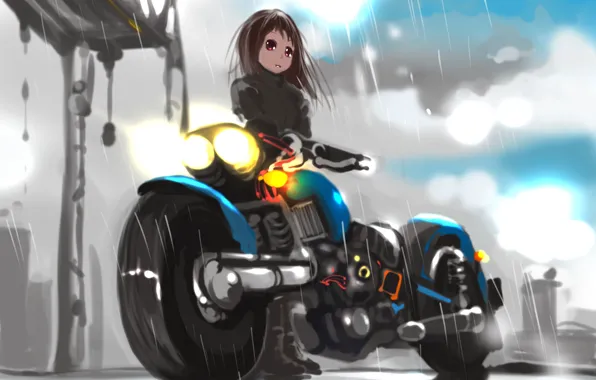 Picture rain, anime, motorcycle
