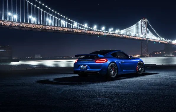 Picture Porsche, Cayman, Car, Blue, Bridge, Night, Sport, GT4, Rear