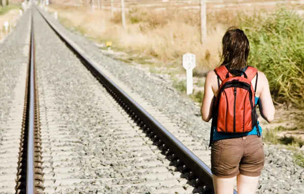 Picture girl, the way, railroad, backpack