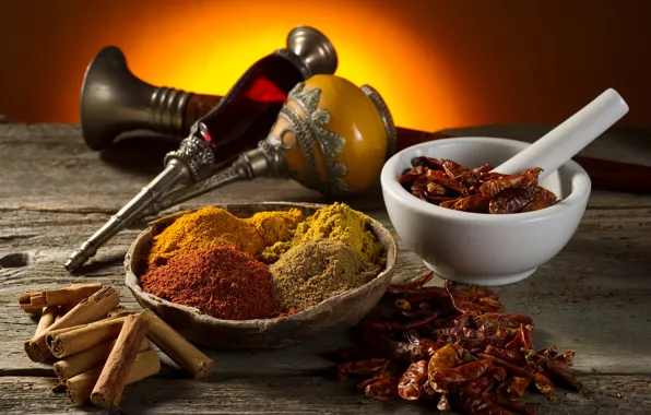 Picture table, cinnamon, spices, mortar, red pepper, curry