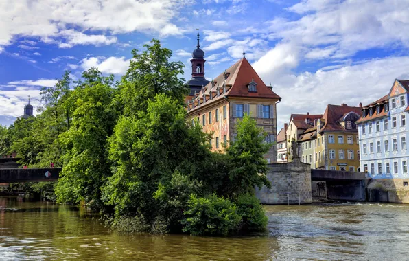 Picture trees, bridge, river, home, Germany, channel, Bamberg