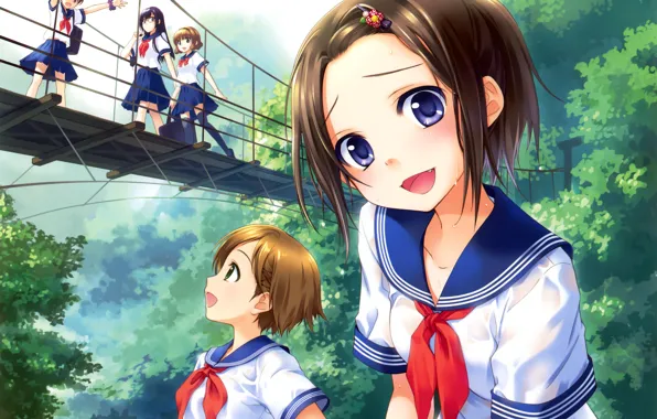 Picture the sky, water, clouds, trees, bridge, girls, anime, art, Schoolgirls, clips, ginta
