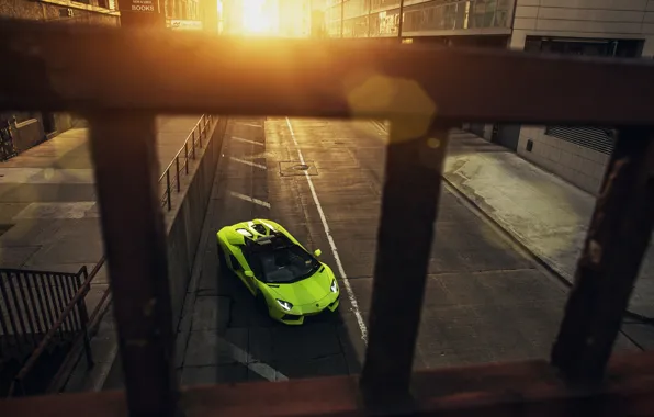 Picture Roadster, Lamborghini, City, Chicago, Green, Front, Sunset, Downtown, LP700-4, Aventador, Supercar