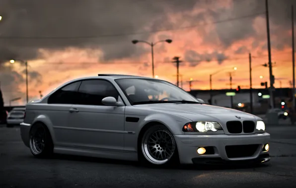 Picture white, the sky, sunset, the city, BMW, BMW, white, E46