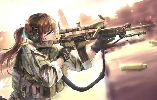 Picture girl, weapons, anime, headphones, art, soldiers, bullets, tc1995