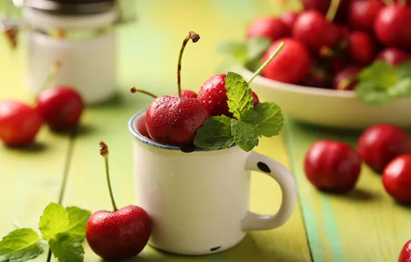 Picture drops, berries, mug, red, mint, cherry