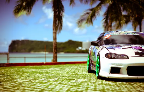 Picture sea, the sun, palm trees, tuning, white, S15, Silvia, Nissan, white, Nissan, tuning, Sylvia
