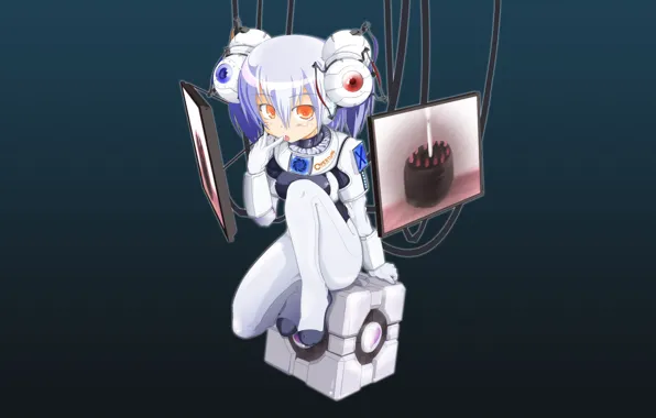 Picture wire, strawberry, girl, cake, Portal, cube, sitting, jumpsuit, candle, chocolate, monitors
