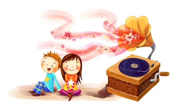 Picture joy, children, together, figure, boy, girl, blush, record, gramophone, tufts
