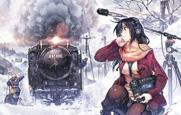 Picture winter, girl, snow, people, smoke, train, anime, headphones, art, microphone, vania600