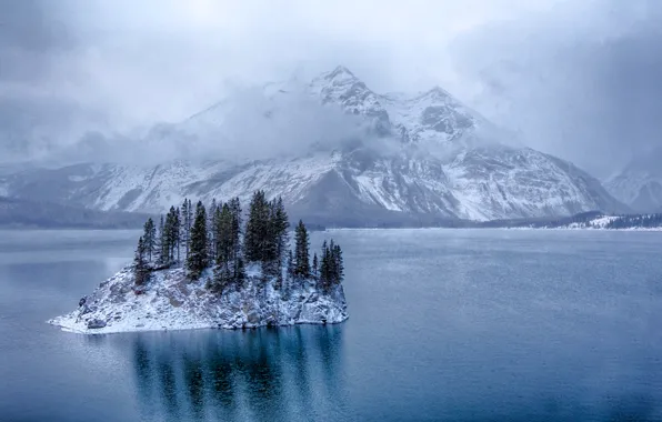 Picture winter, snow, trees, mountains, lake, island, Canada, Albert, Kananaskis