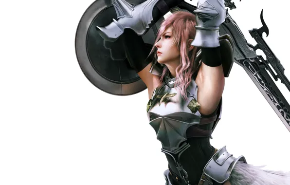 Picture girl, sword, white background, shield, Final Fantasy, Lightning, XIII