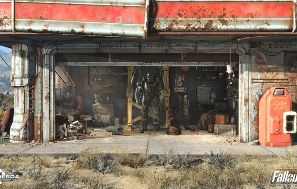 Picture robot, dressing, dog, garage, hangar, costume, Parking, fallout, Heath, power armor, radiation, fallout 4, the …