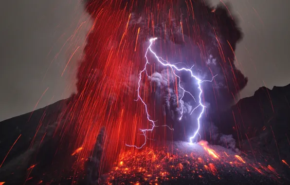 Picture lightning, the volcano, The eruption, Sakurajima
