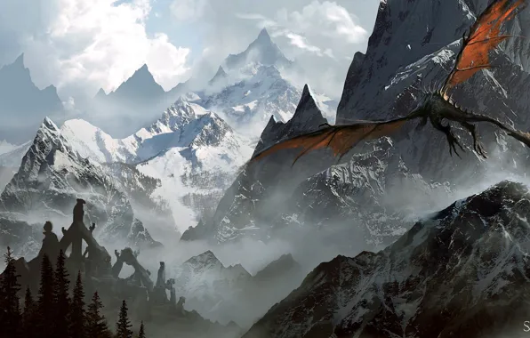 Picture mountains, dragon, The Elder Scrolls V: Skyrim