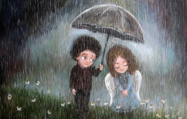Picture umbrella, rain, mood, boy, art, pair, girl, feeling, Nino Chakvetadze