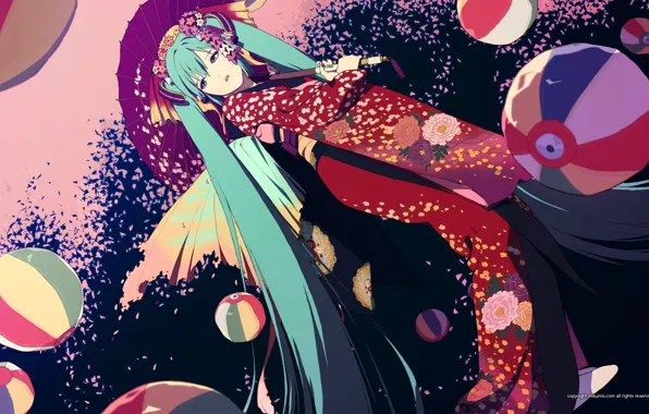 Picture balls, umbrella, kimono, hairstyle, Hatsune Miku, Vocaloid, inflatable