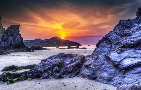 Picture sea, beach, sunset, nature, rocks, England, Newquay