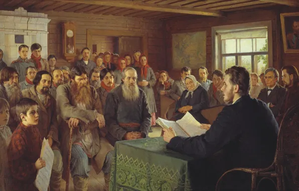 Picture oil, canvas, Nikolay BOGDANOV-BELSKY, 1895, (1868 — 1945), Sunday reading in a rural school