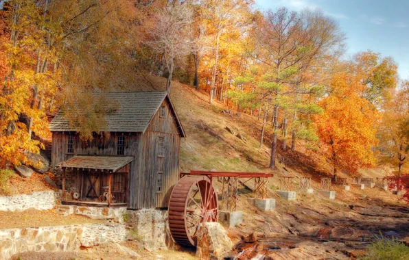 Picture autumn, trees, stream, old mill, red-yellow leaves