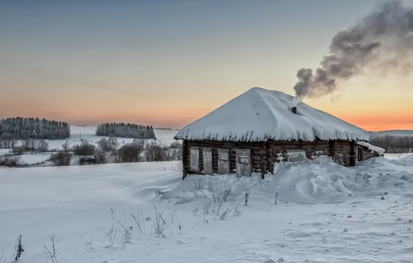 Picture winter, landscape, sunset, house
