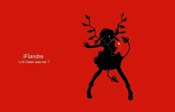 Picture headphones, player, touhou, red background, Flandre Scarlet, black silhouette