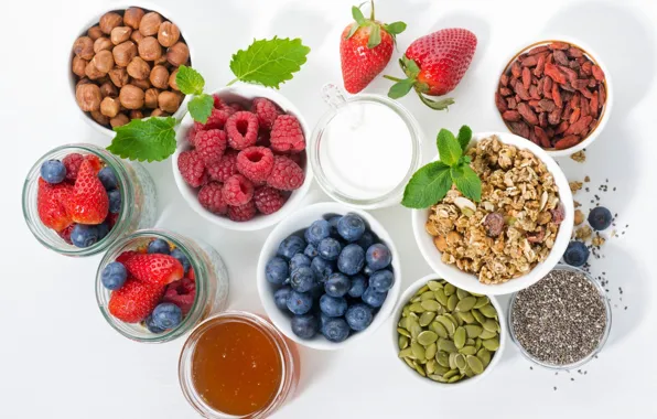 Picture berries, raspberry, Mac, milk, strawberry, honey, seeds, mint, hazelnuts, blueberries, muesli
