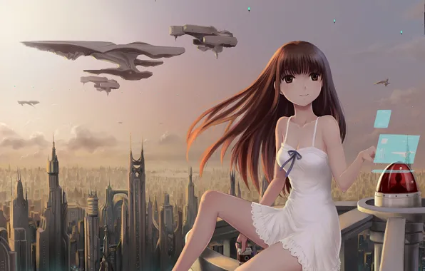 Picture the city, future, transport, interface, ships, skyscrapers, art, girl