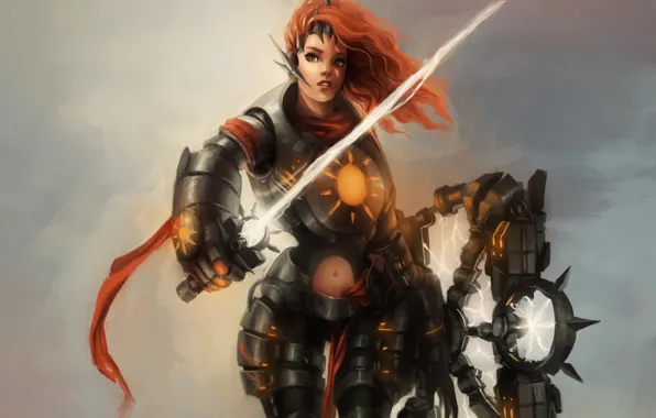 Picture girl, lightning, sword, fantasy, art, tape, red, armor, shield