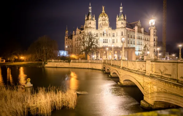 Picture night, bridge, lights, river, castle, Germany, lights, Schwerin