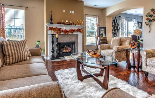 Picture leaves, sofa, carpet, chair, flooring, fireplace, living room, decor