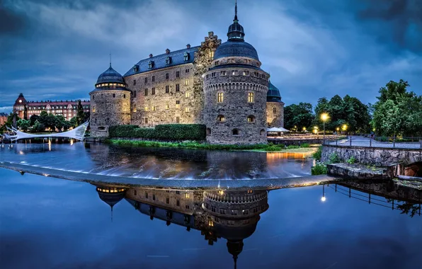 Picture the sky, water, reflection, river, castle, the evening, lighting, architecture, Sweden, Sweden, Sverige, Örebro, Örebro …